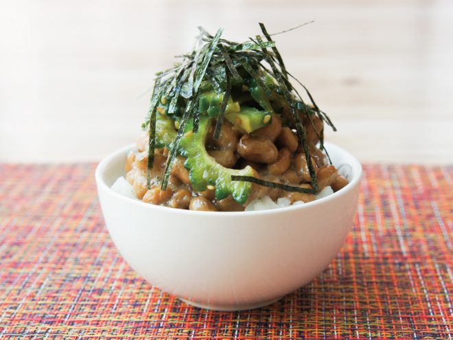 ゴーヤの浅漬け海苔納豆ご飯