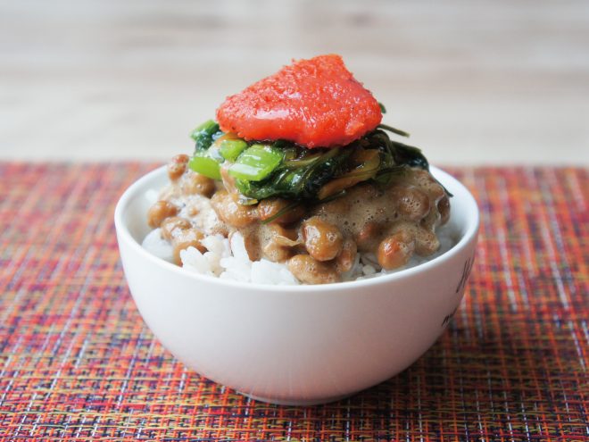 明太子納豆わさび野沢菜昆布麦ご飯